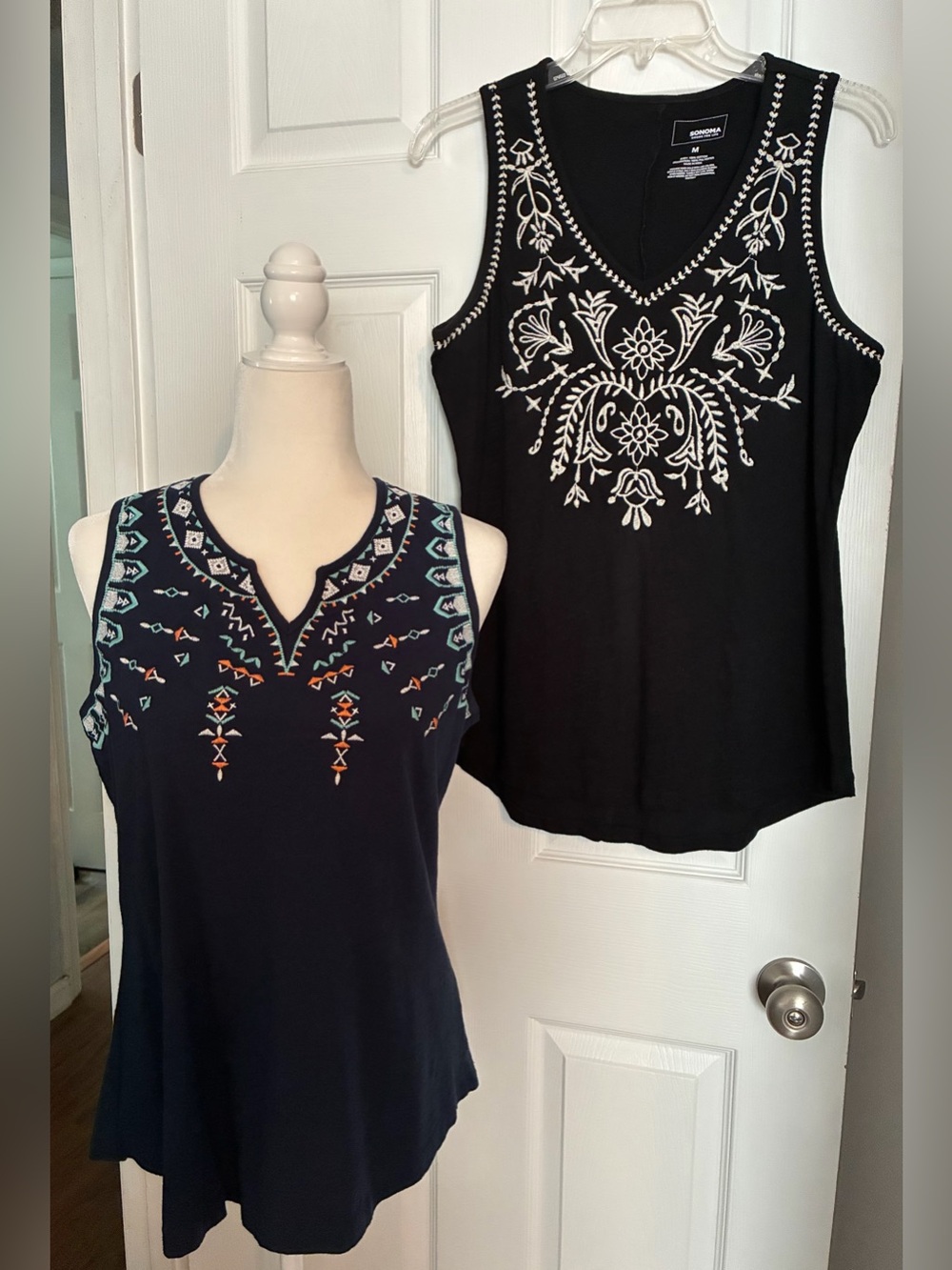 NEW! Sonoma Embroidered Tank Tops MEDIUM 100% Cotton Black / Dark Blue